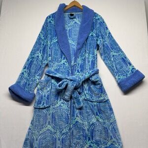 Echo Blue Plush Fleece Robe Women's Large Belted Sherpa Trim Cozy